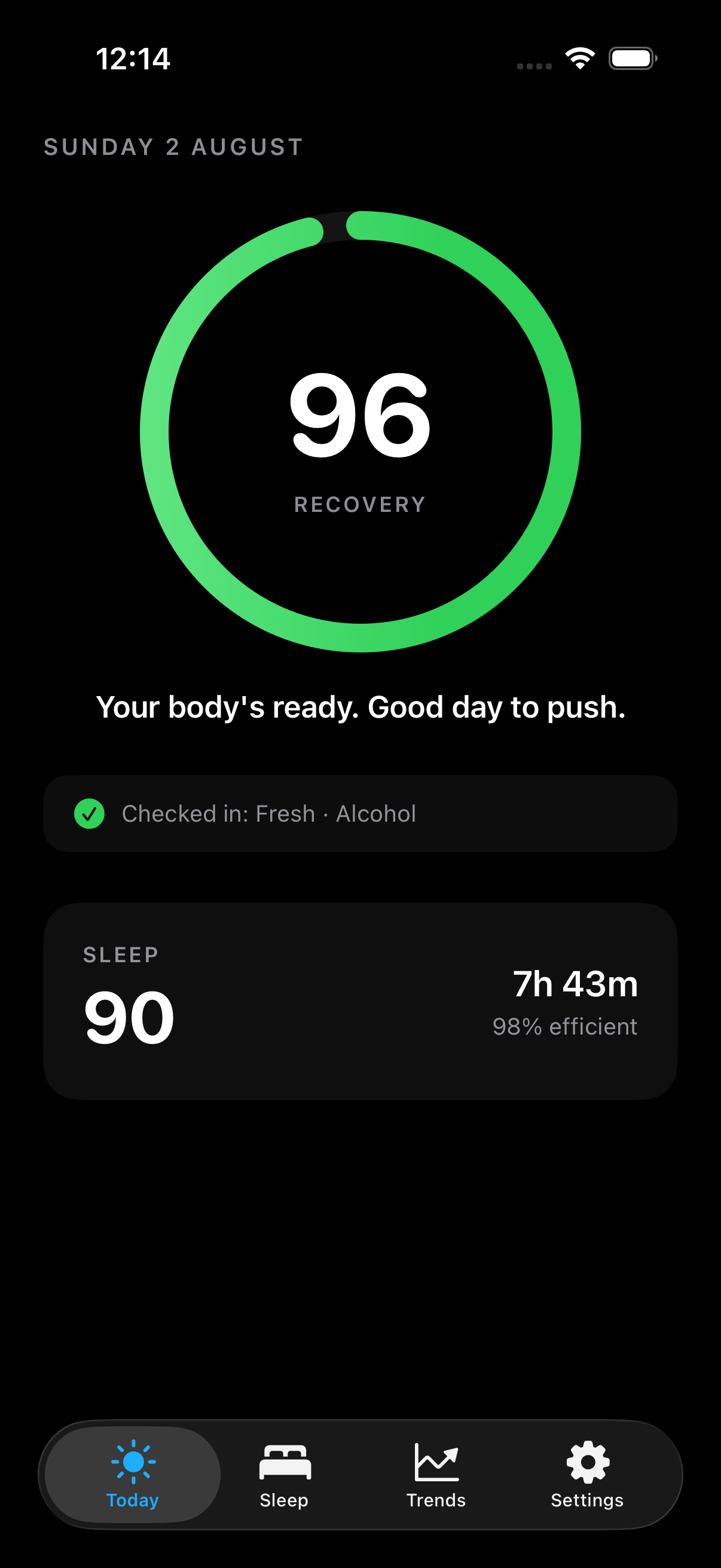 Recovr Today screen: recovery ring, guidance and morning check-in